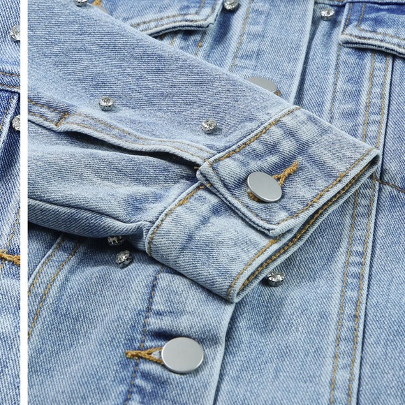 Women's Light Blue Denim Jacket with Rhinestone Stud Details - Picture 8 of 15